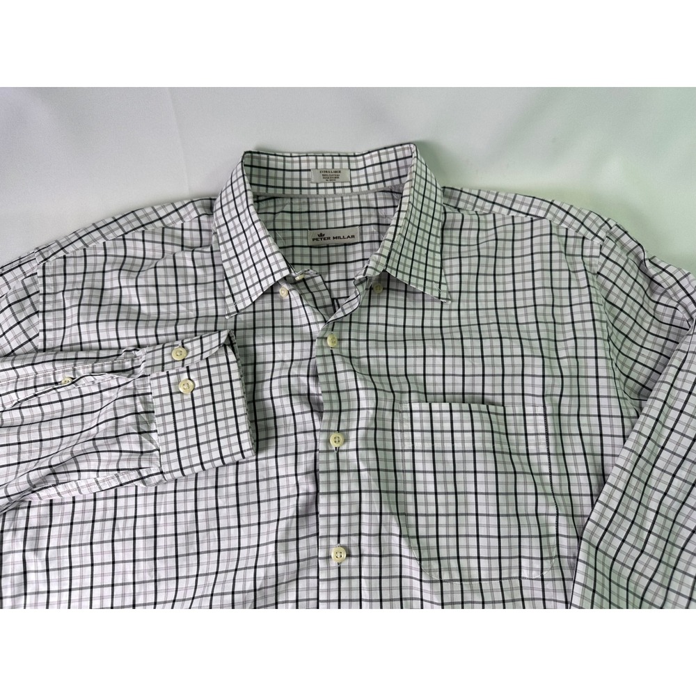 Peter Millar Mens XL Checkered Long Sleeve Button Up Shirt White Gray Tan Cotton